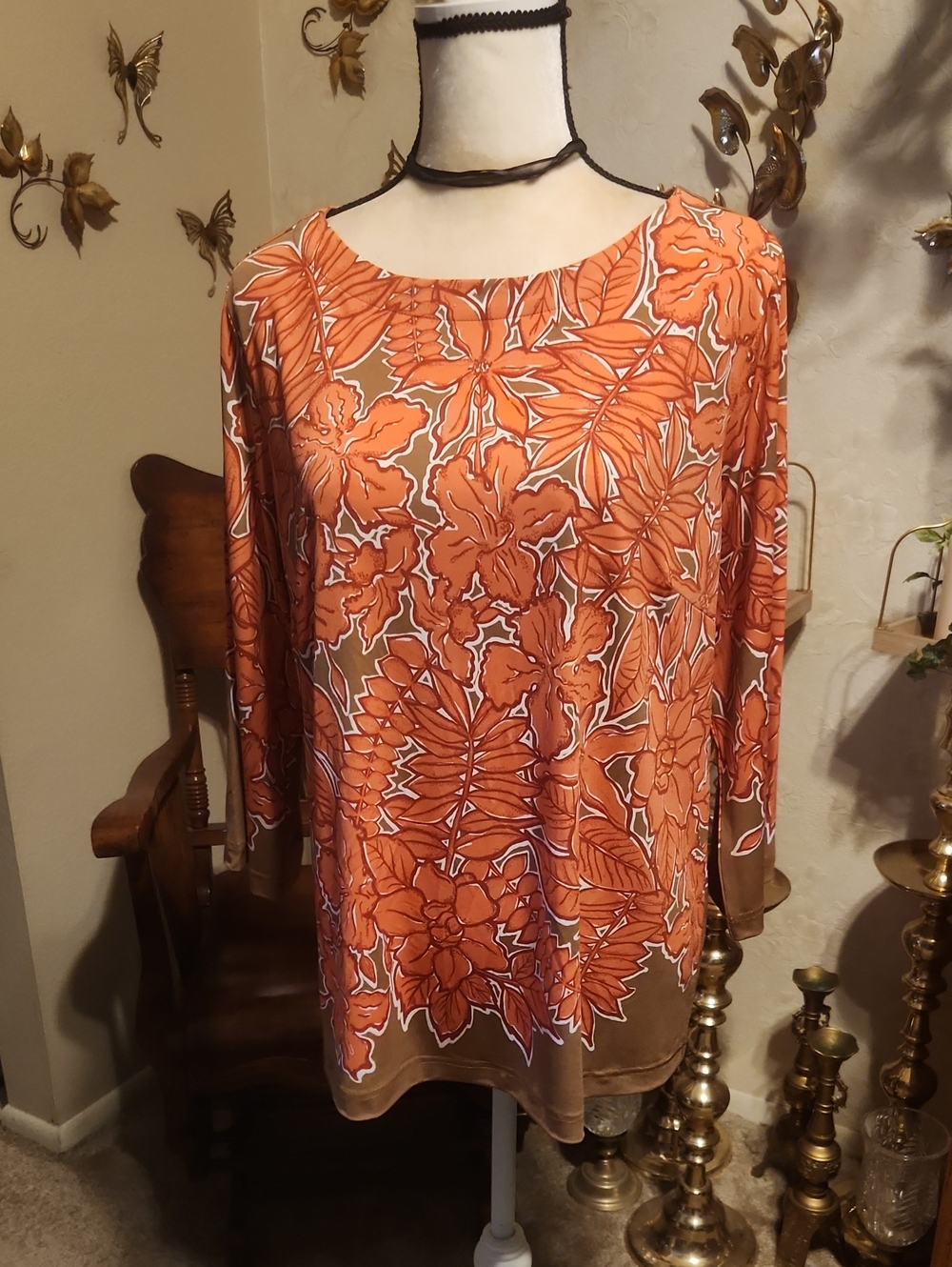 Bob Mackie Orange Floral Long-Sleeve Scoop Neck Top